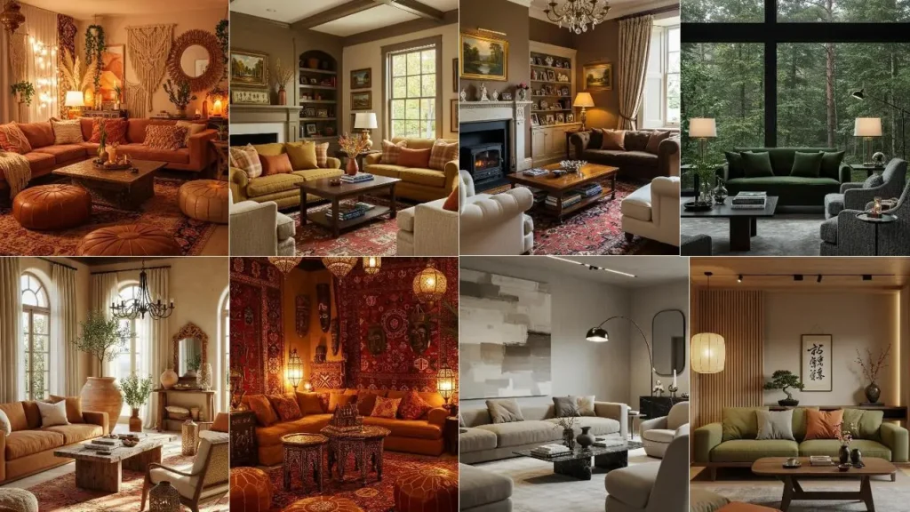 Collage van 8 woonkamers in diverse aardetinten: van okergeel tot diepbruin, voor inspiratie.