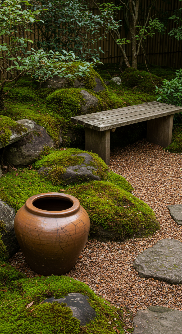 Japanse tuin met mos, keien, een verweerde aardewerken pot en een houten bankje.