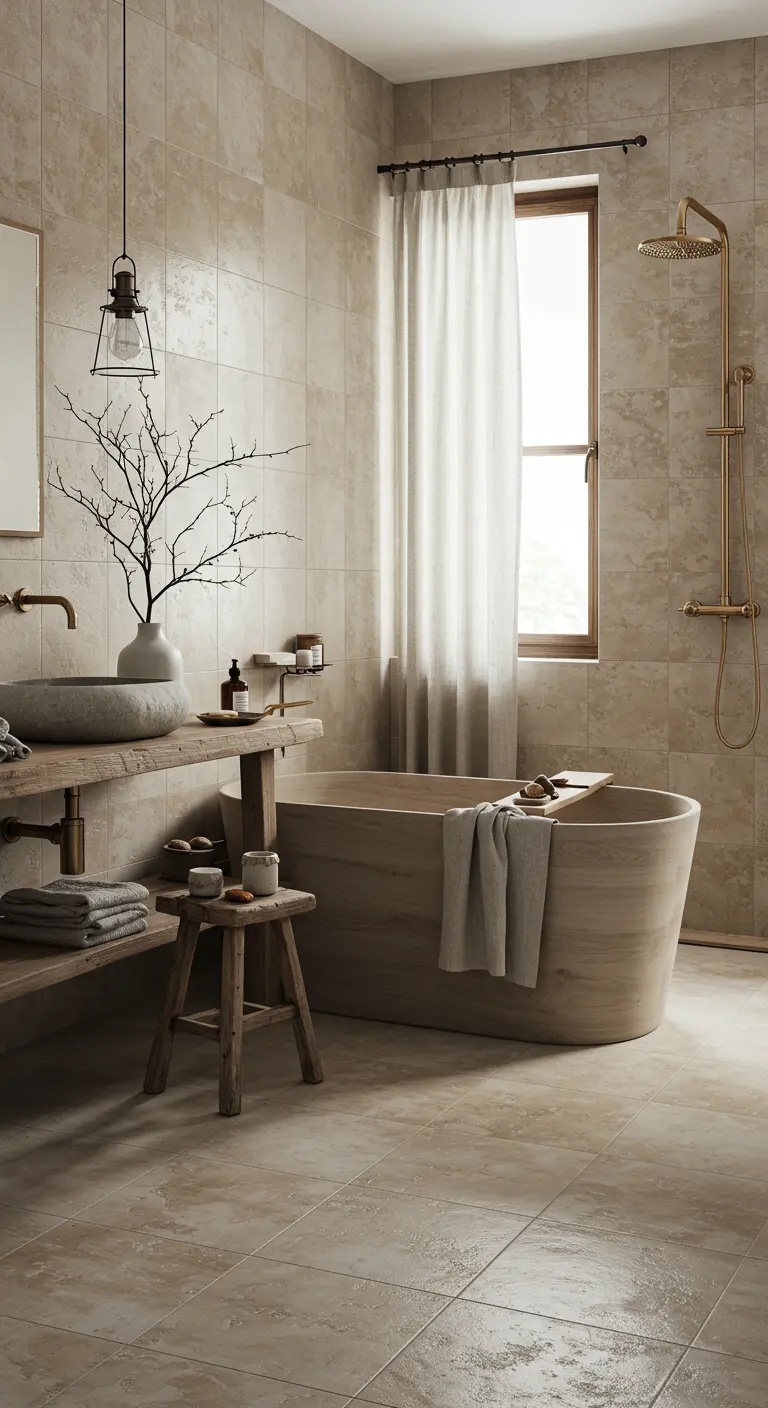 Rustieke badkamer met getextureerde beige tegels, houten bad en stenen wasbak.