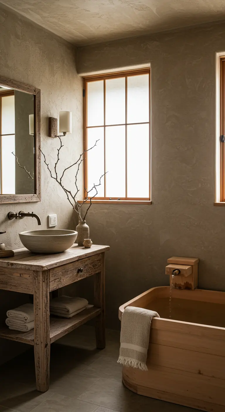 Wabi-sabi badkamer met verweerd houten meubel, aardewerken waskom en houten bad.
