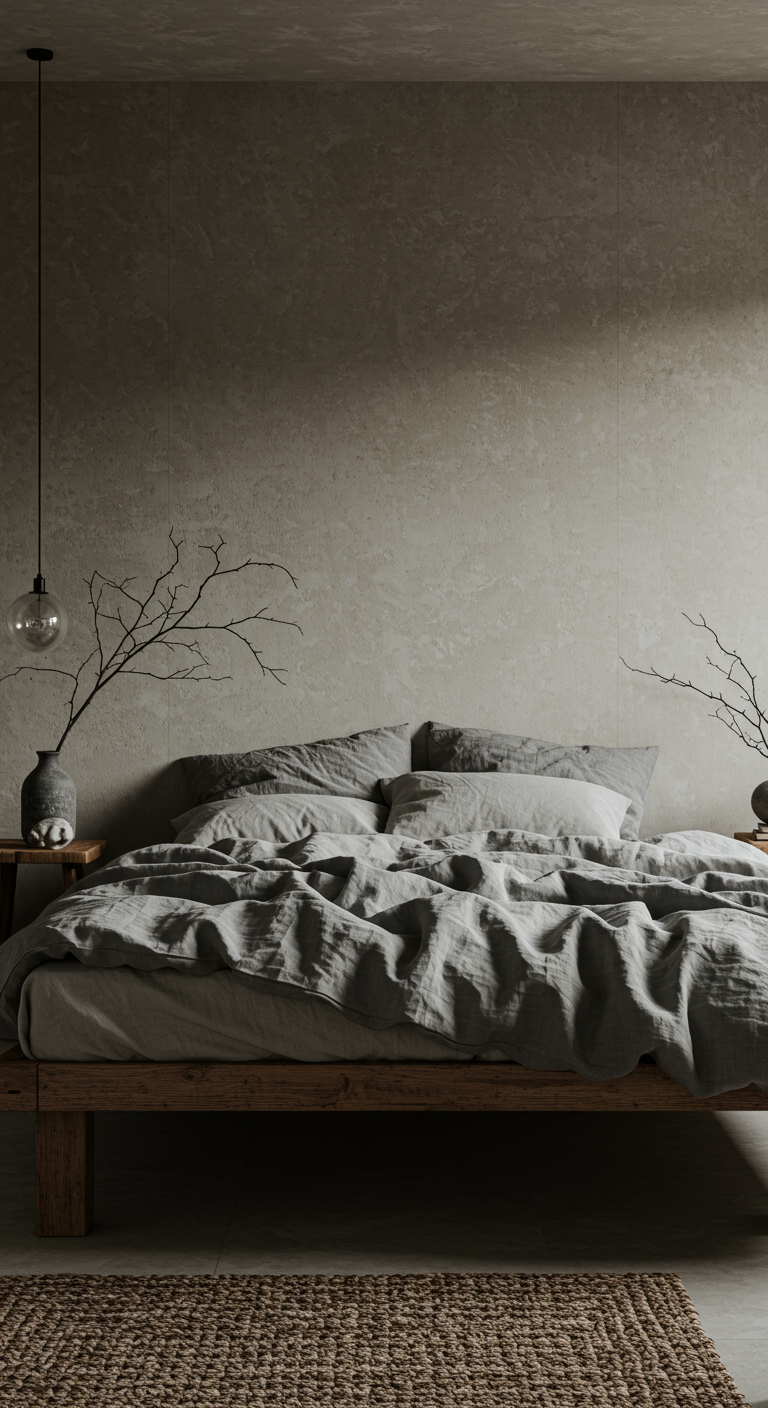 Wabi-Sabi slaapkamer met betonnen muur, linnen beddengoed, houten bed en minimalistische decoratie.