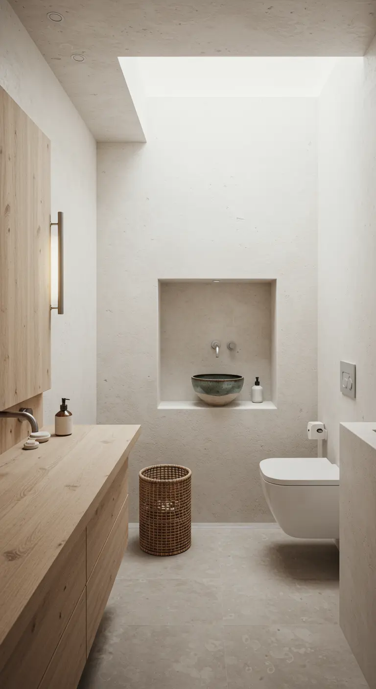 Minimalistische badkamer met getextureerde muren en een nis met een unieke keramische waskom/kunstobject.