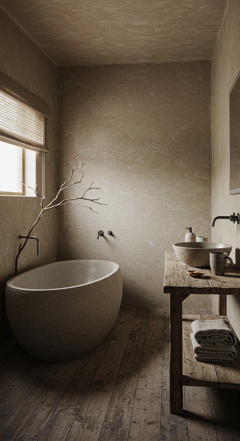 Wabi-sabi badkamer met ruwe stenen muren en een kale tak.