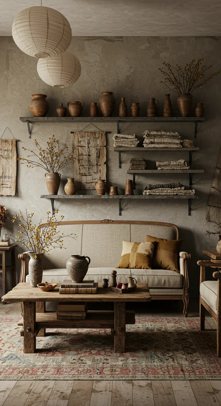 Wabi-sabi woonkamer met linnen bank, oude houten tafel, keramiek en papieren lampionnen.