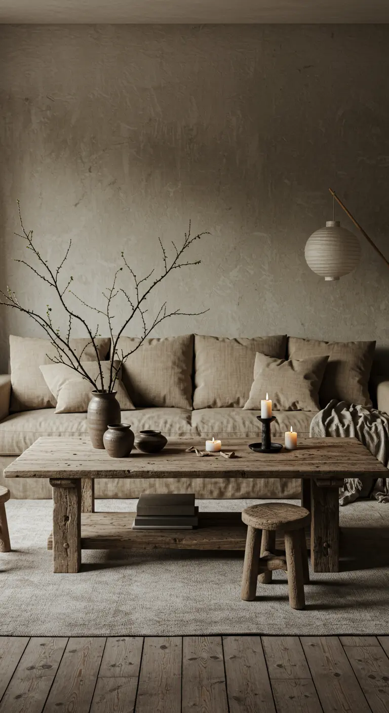 Wabi-Sabi woonkamer met beige bank, ruwhouten salontafel en takken in vaas.