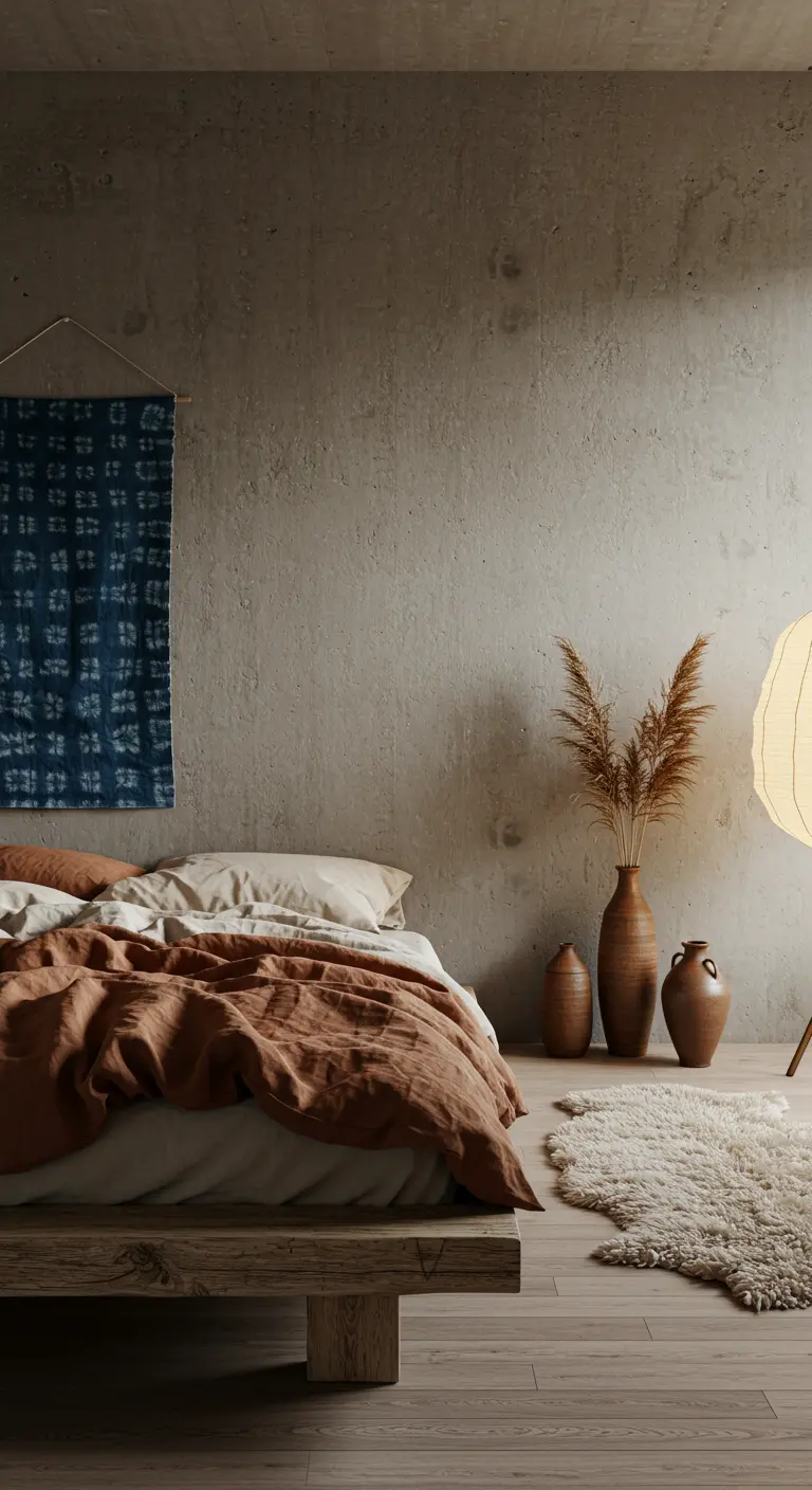 Slaapkamer in wabi-sabi stijl met betonwand, houten bed en aardetinten.