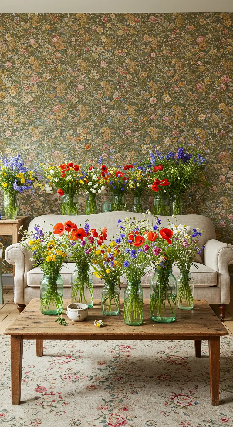 Woonkamer met bloemenbehang, witte bank en diverse bloemboeketten.