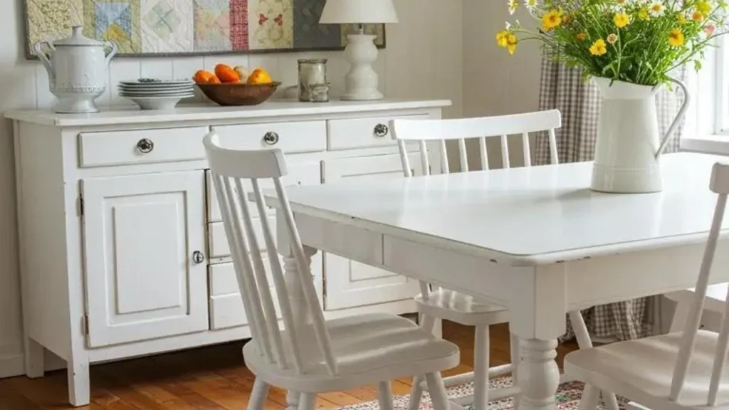 Eetkamer met wandkleed en tapijt, witte meubels en bloemen, warme toevoeging.