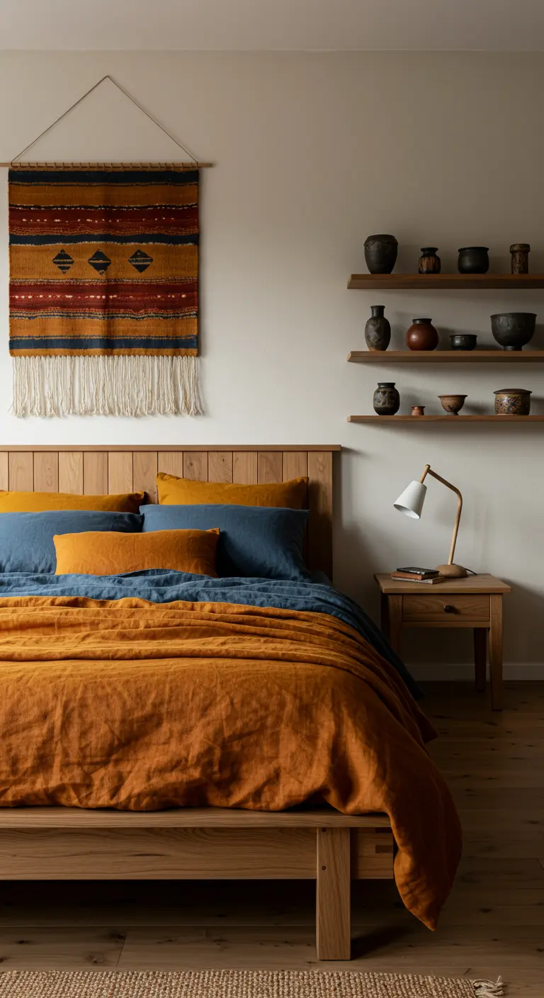 Lichte slaapkamer met okergeel beddengoed, wandkleed en keramiek op planken.