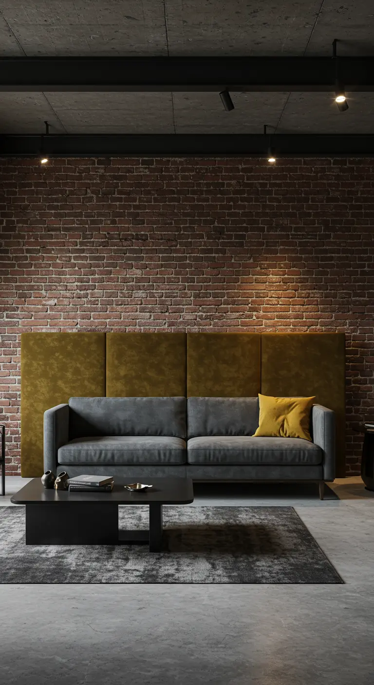 Mosterdgele fluwelen wandpanelen achter een donkergrijze bank in een industriële loft.