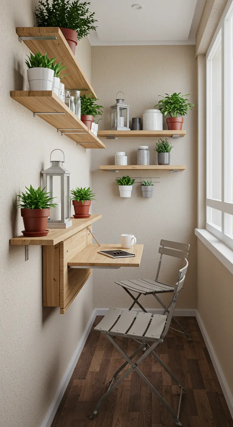 Smal balkon met houten wandplanken, opklaptafel en twee klapstoelen.