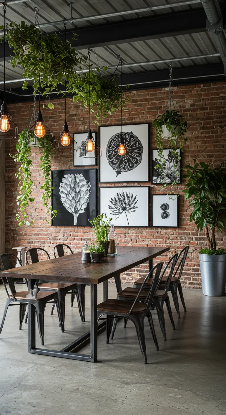 Weelderige eetkamer met groot bloemenwandtapijt, donkerhouten tafel, groene fluwelen stoelen, kroonluchter en Ficus Lyrata.
