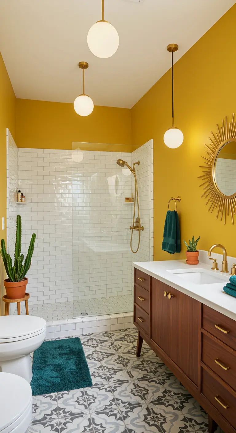 Retro badkamer met warme gele muren, witte metrotegels en patroonvloer.