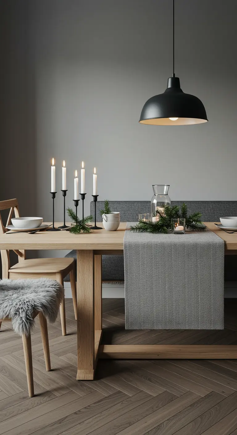 Houten eettafel met grijze loper, zwarte kandelaren en dennentakken.