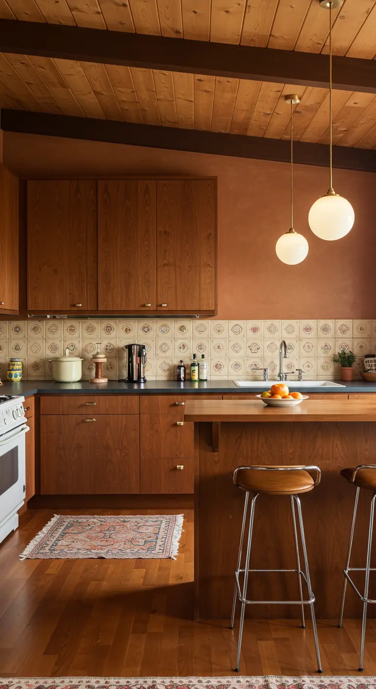 Mid-century keuken met donkerhouten kasten, roestbruine muur en retro tegels.