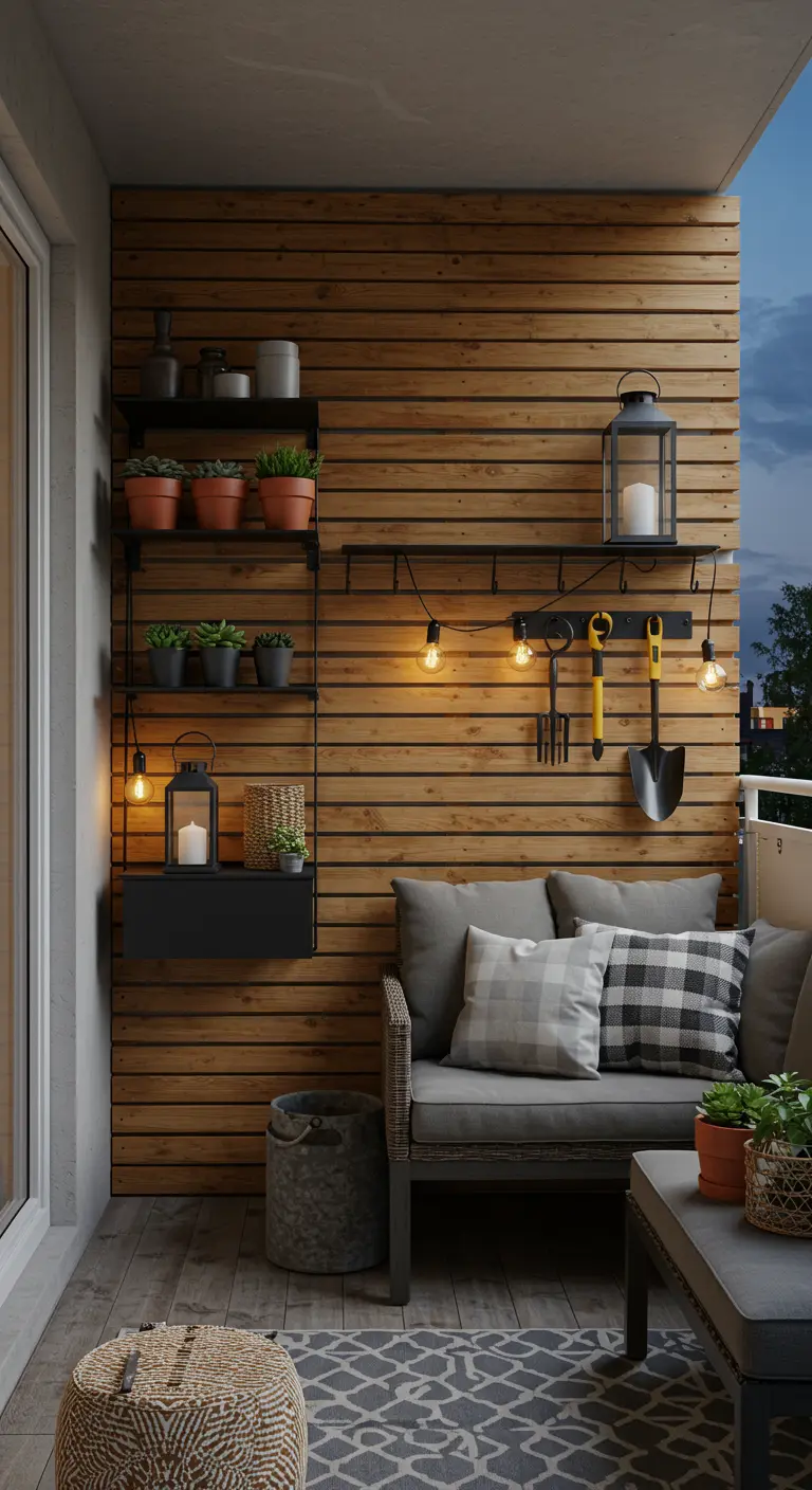 Balkonmuur met houten latten, opbergplanken, loungebank en lantaarns.