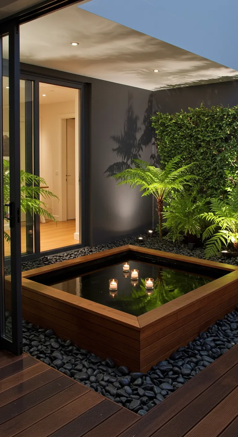Vierkante vijver met houten rand, drijvende kaarsen, in een patio met houten vlonders en groen.