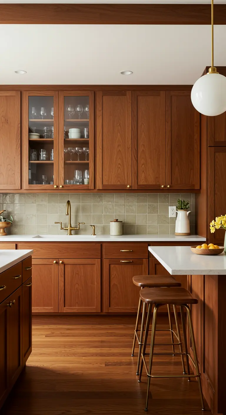 Warme houten keuken met glazen bovenkasten, messing details en witte tegels.