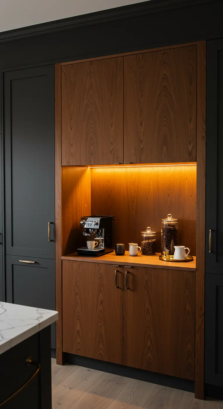 Koffienis in donkerhouten kastwand met warme verlichting en koffiemachine.