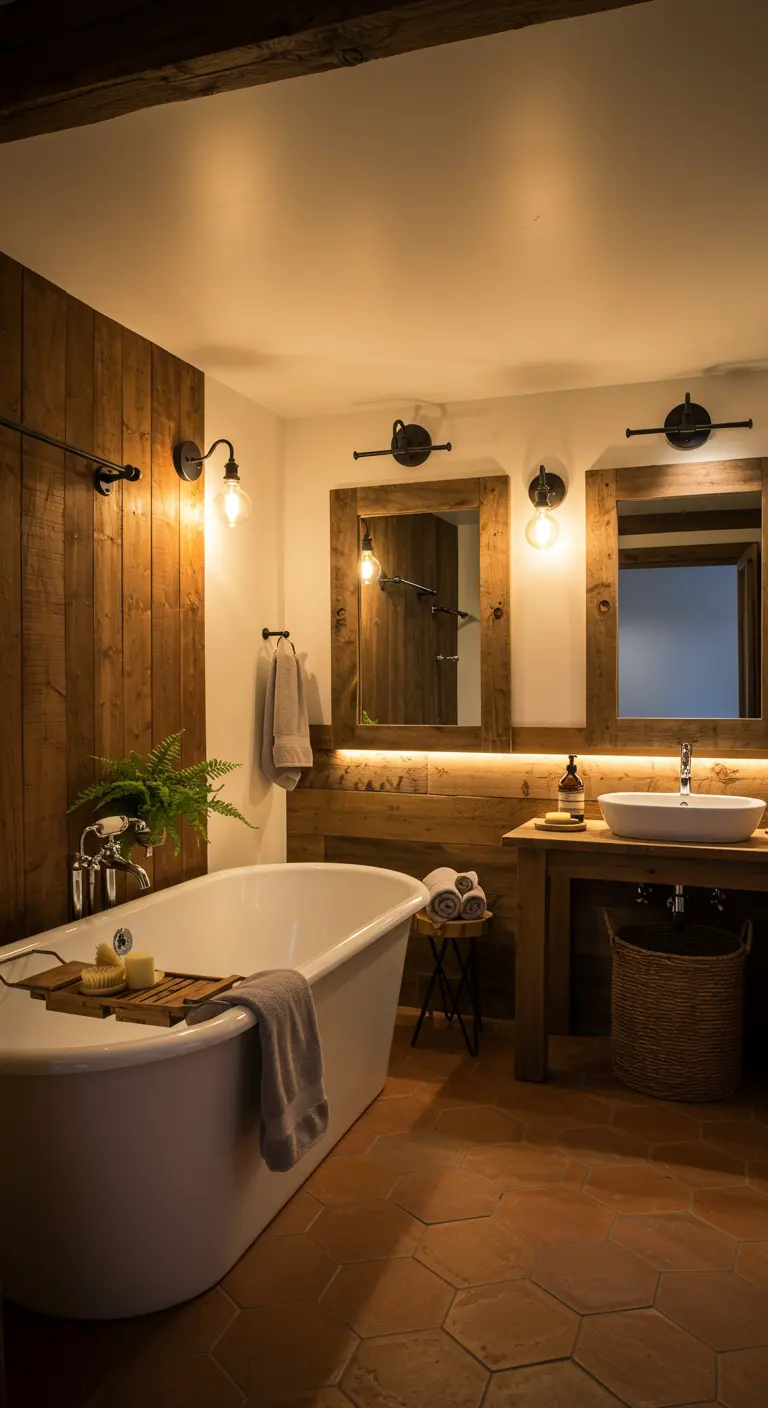 Rustieke badkamer met houten accentmuur, vrijstaand bad en industriële wandlampen.