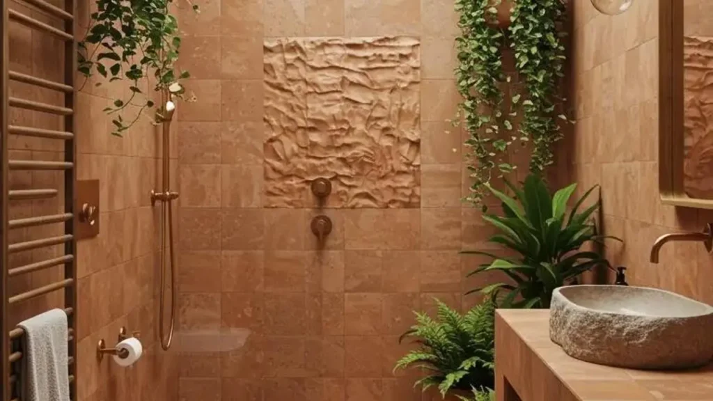 Warme, rustgevende badkamer in mediterrane stijl met terracotta tegels en weelderige groene planten.