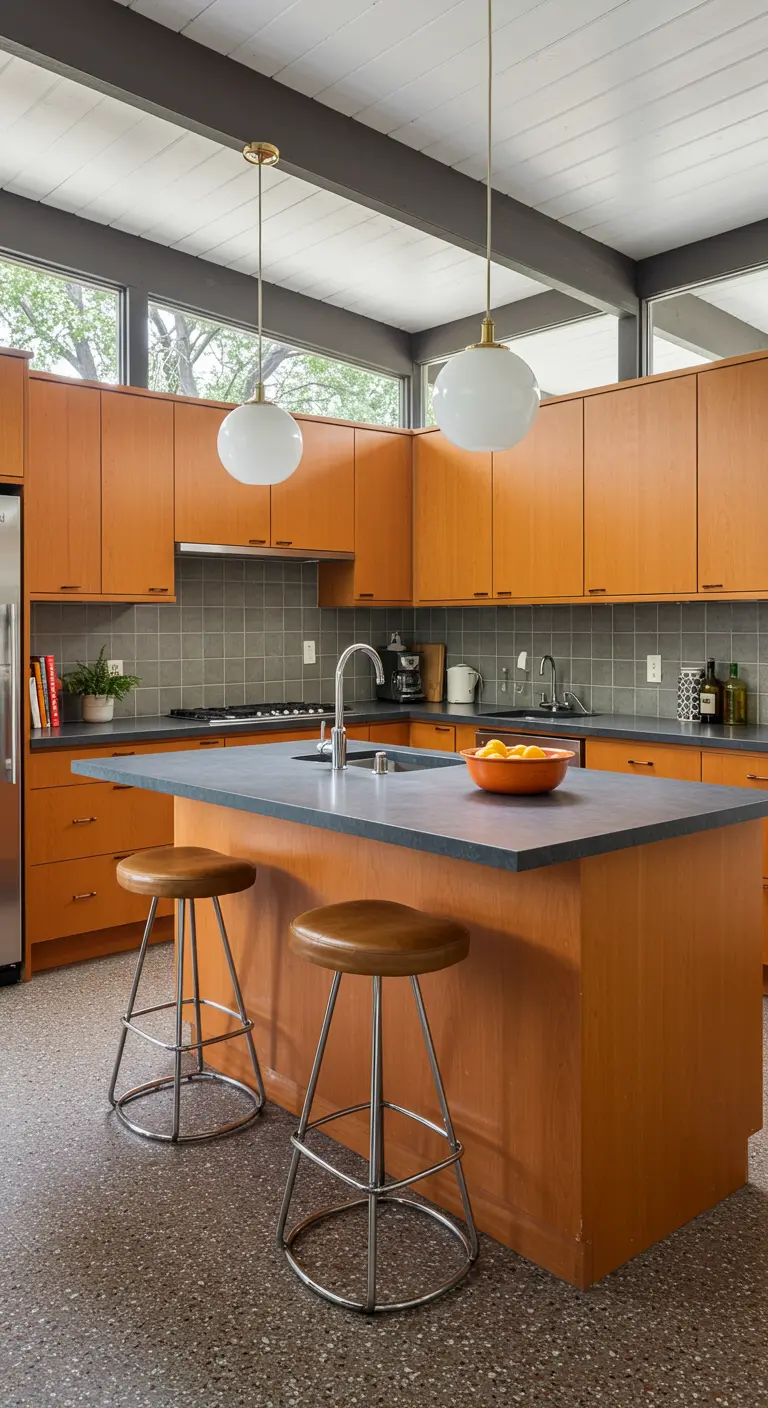 Mid-century stijl keuken met oranjehouten kasten, grijs werkblad en terrazzo vloer.