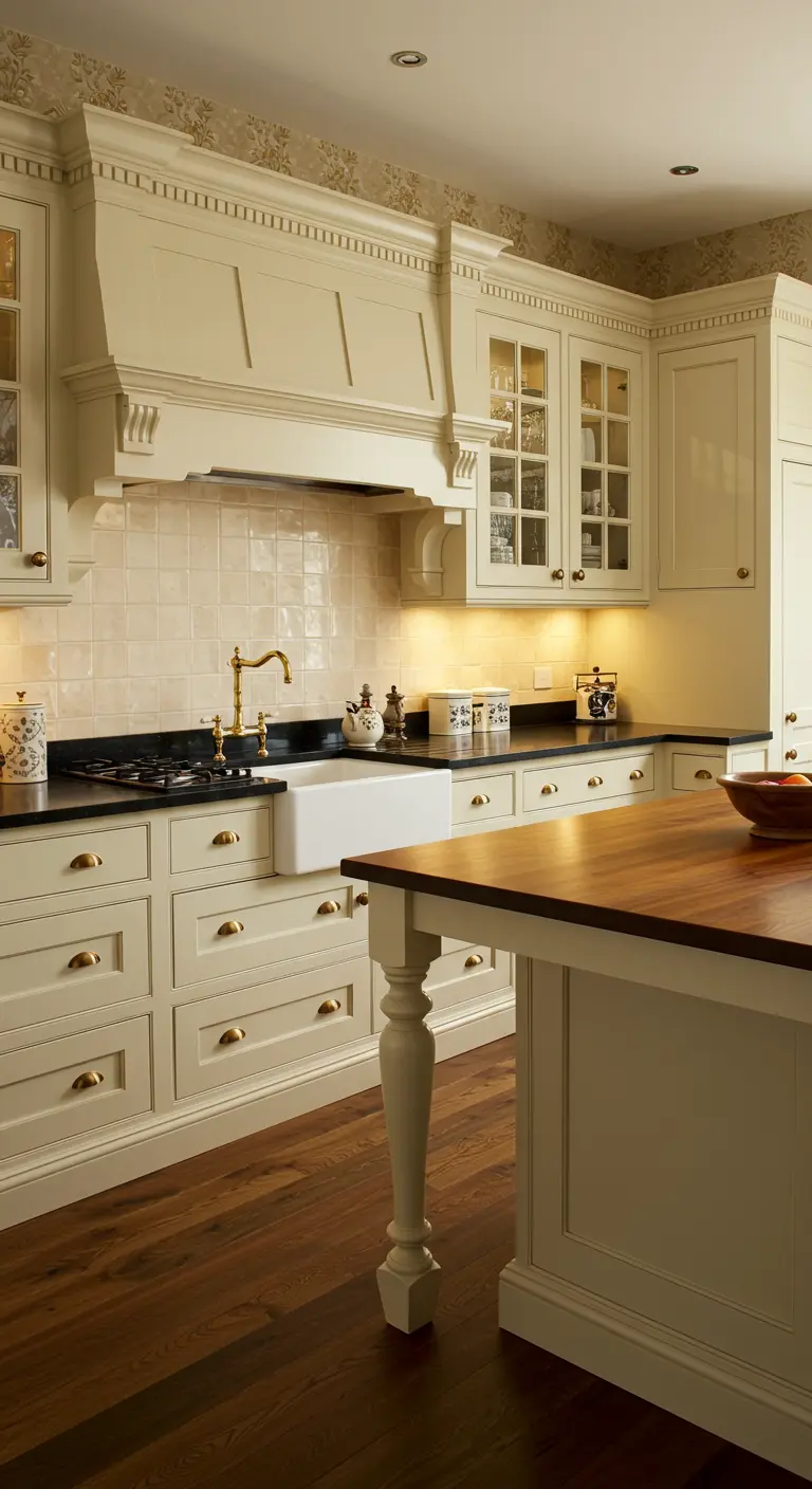 Crèmekleurige traditionele keuken met houten eilandblad, gouden kraan en gouden knoppen.