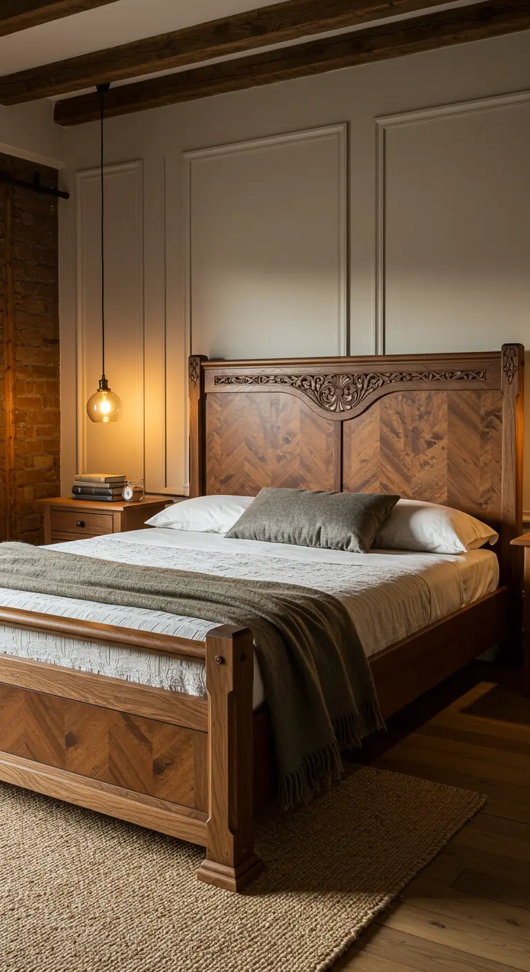 Klassiek houten bedframe met gedetailleerd houtsnijwerk en warme houttint.