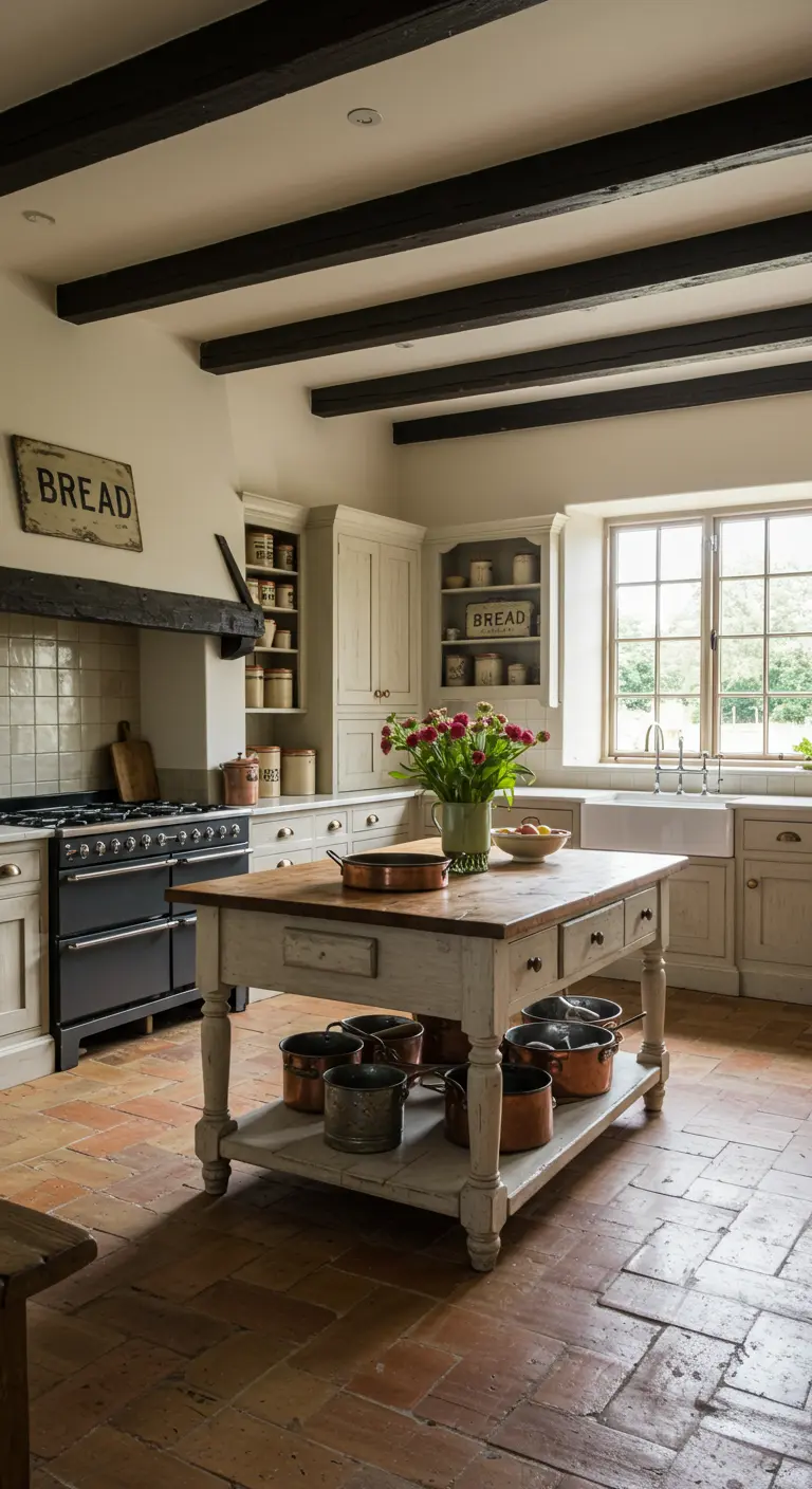 Rustieke keuken met terracotta vloer, donkere houten balken, zwart fornuis en antiek houten kookeiland.