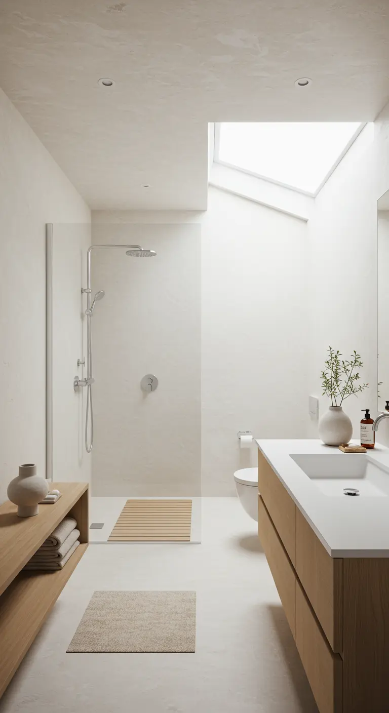 Minimalistische badkamer met warmwitte muren, houten accenten en veel natuurlijk licht.