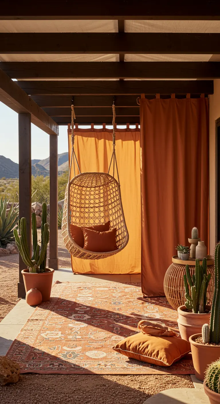 Hangstoel onder overkapping met terracotta gordijnen en boho-stijl decoratie.