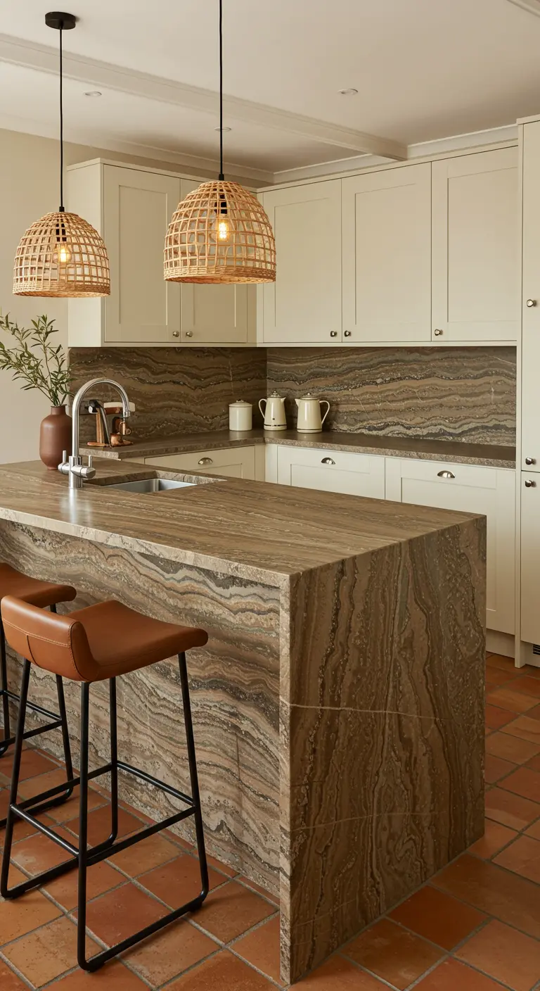 Keuken met crèmekleurige kasten, een bruin/beige golvend marmeren eiland en achterwand, en terracotta vloer.