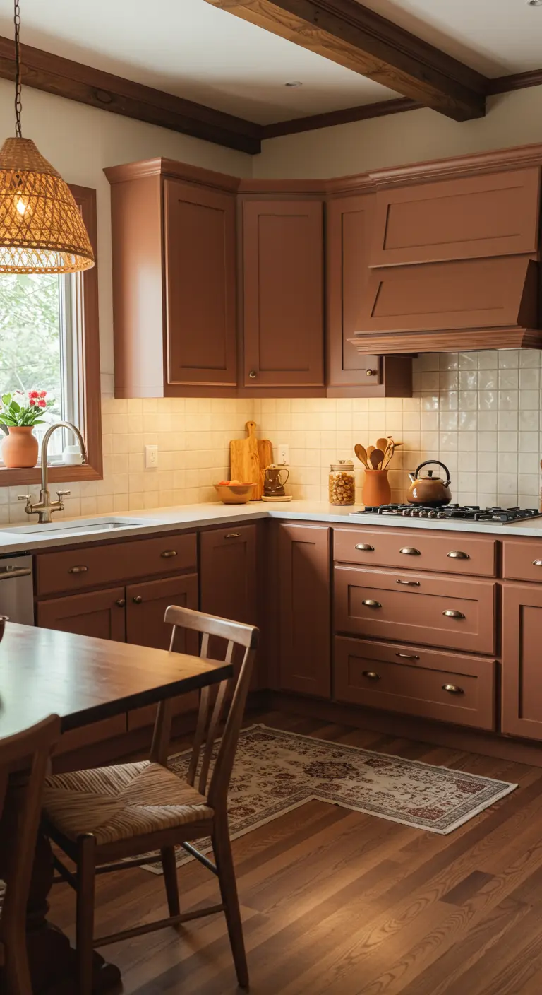 Matte terracotta keuken met houten balken en warme verlichting.