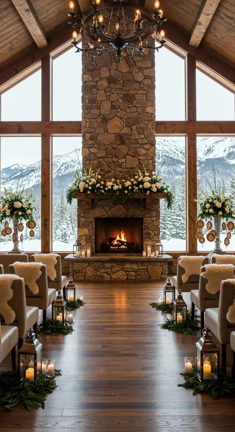 Trouwceremonie voor stenen open haard met winterse bloemen, schapenvachtjes en lantaarns.