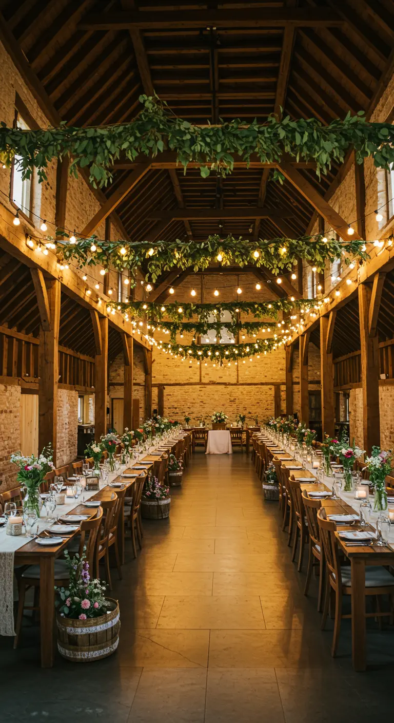 Lange tafels in rustieke schuur met lichtslingers en groene guirlandes aan plafond.