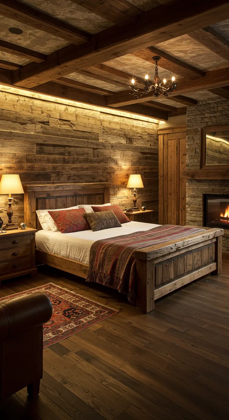 Rustieke slaapkamer met houten wanden en LED-strip langs de bovenrand voor een warme gloed.