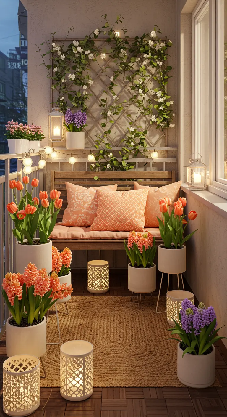 Knus balkon met houten bank, perzikkleurige kussens, bloemen en sfeerverlichting.