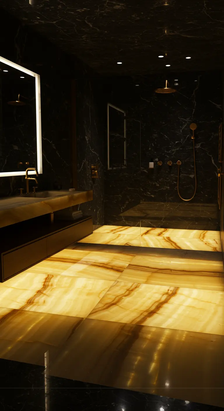 Donkere, luxe badkamer met een lichtgevende onyx-look vloer die warmte uitstraalt.