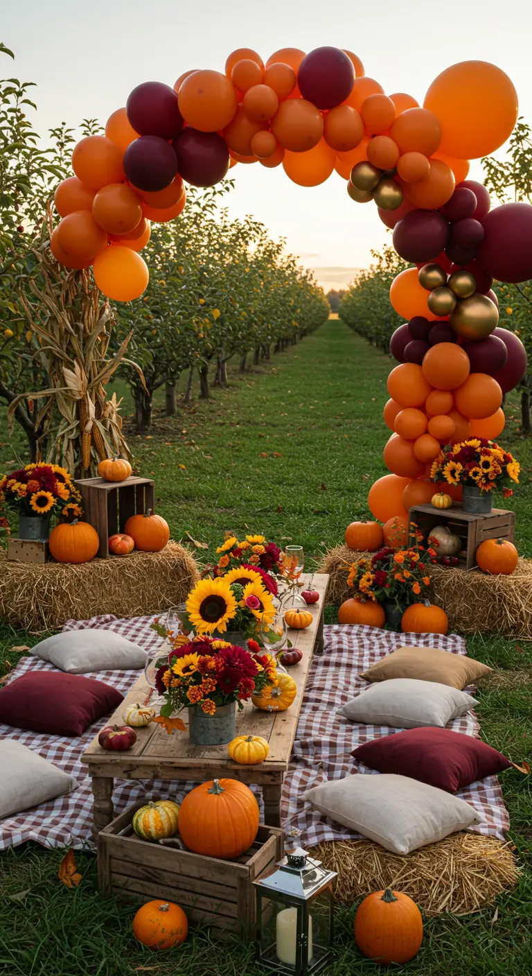 Herfstpicknick met ballonnenboog in herfstkleuren, zonnebloemen, pompoenen en hooibalen.