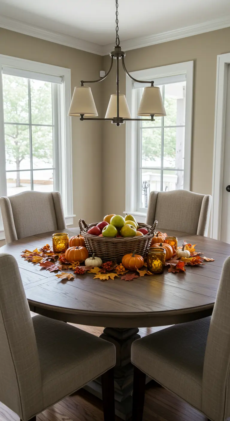 Ronde houten tafel met een mand vol fruit, herfstbladeren en theelichtjes voor warme decoratie.