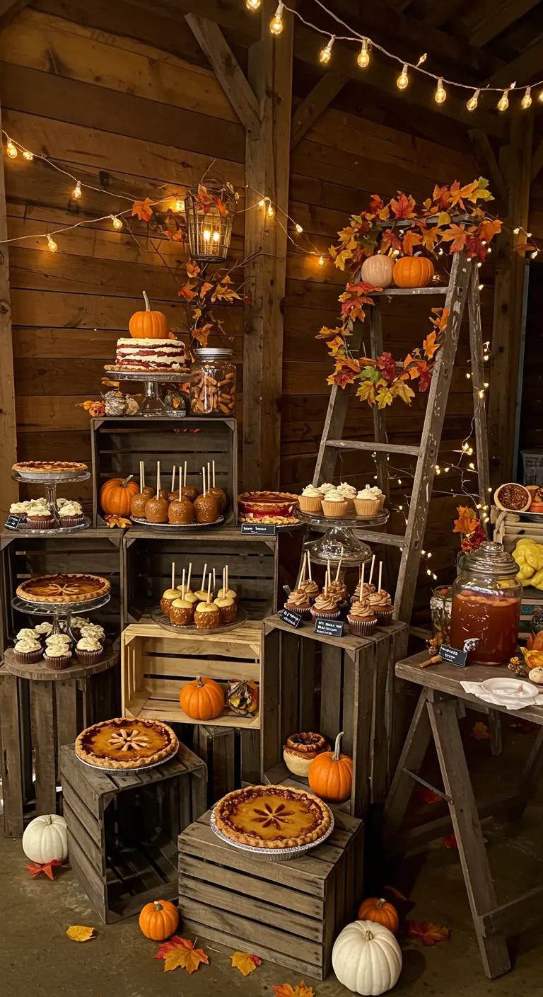 Rustieke desserttafel met houten kratten, ladder, pompoenen en herfstbladeren, verlicht met lichtslingers.