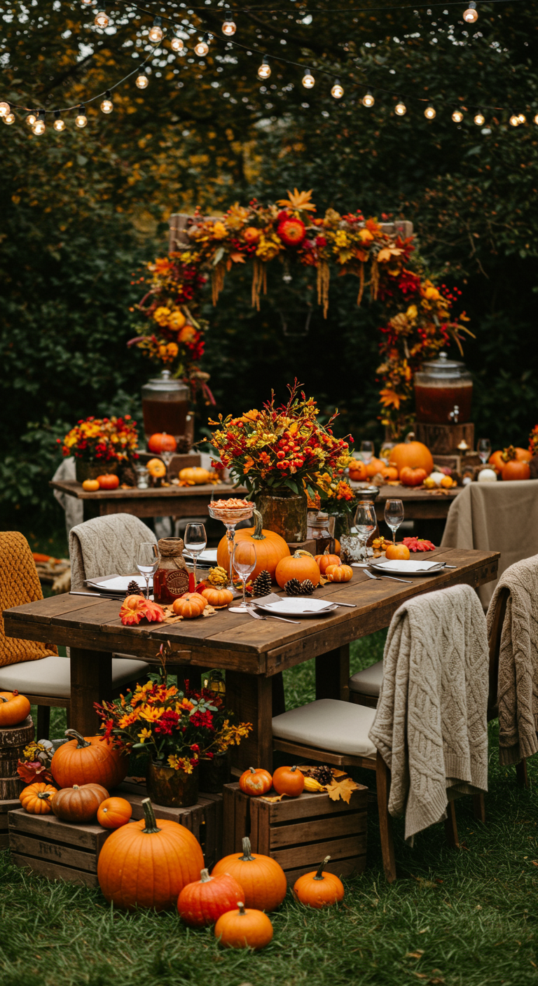Herfstthema tuinfeest met pompoenen, warme kleuren en gebreide plaids.