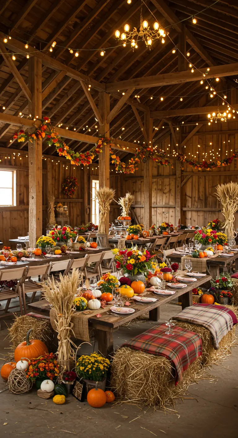 Rustieke schuurbruiloft met herfstdecoratie zoals pompoenen, tarwe, strobalen en lichtslingers.