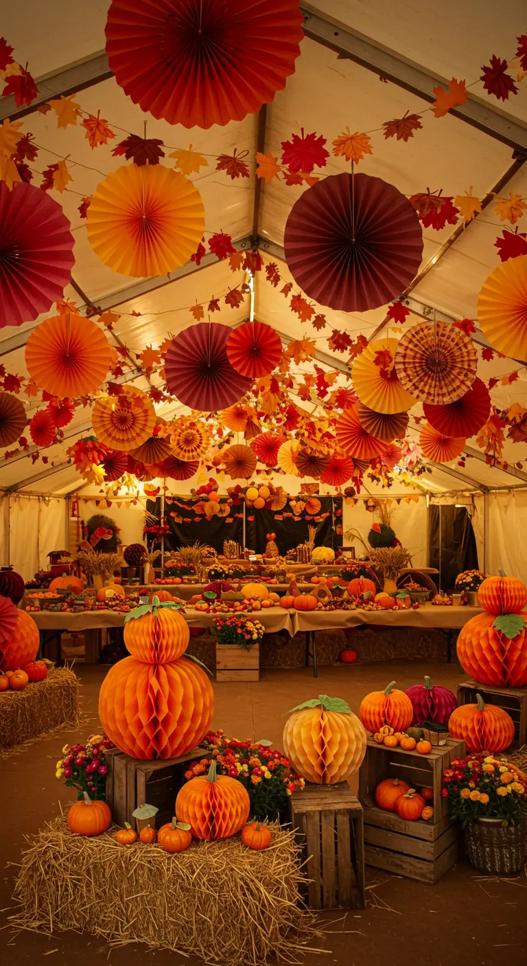Herfstdecoratie in een tent met oranje, gele en rode papieren waaiers en pompoenen.