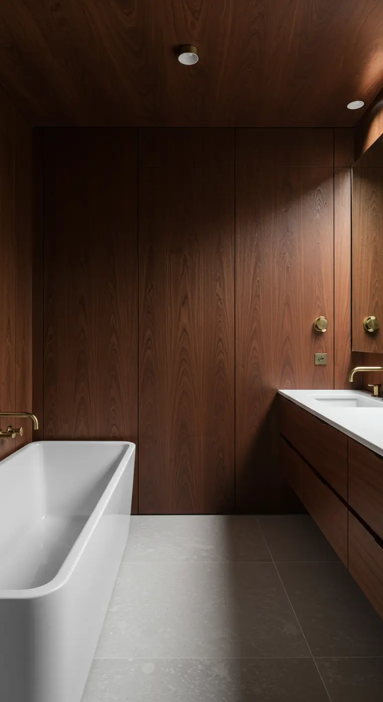 Luxe badkamer met donkerbruine houten wandpanelen, wit bad en gouden kranen.