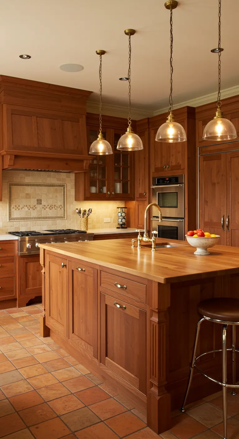 Warme houten keuken met gouden hanglampen, gouden kraan en gouden knoppen.