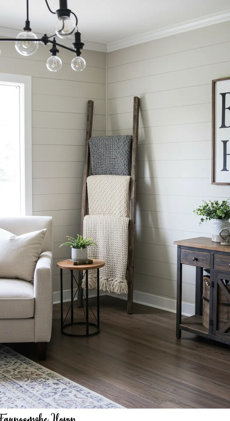 Decoratieve houten ladder in een woonkamerhoek, gebruikt voor het ophangen van gebreide plaids.