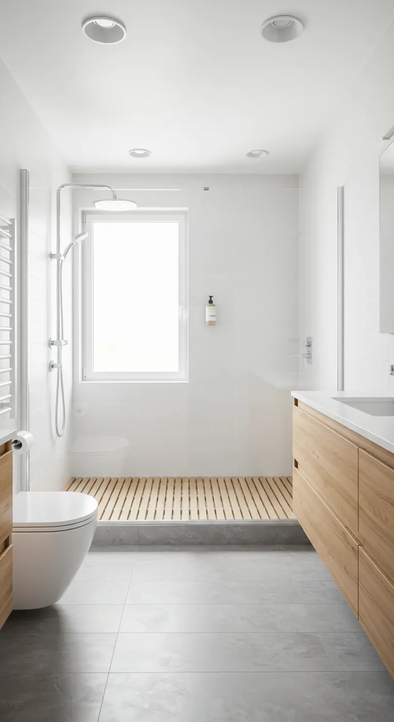 Witte badkamer met inloopdouche, houten vlonder en helder glas.