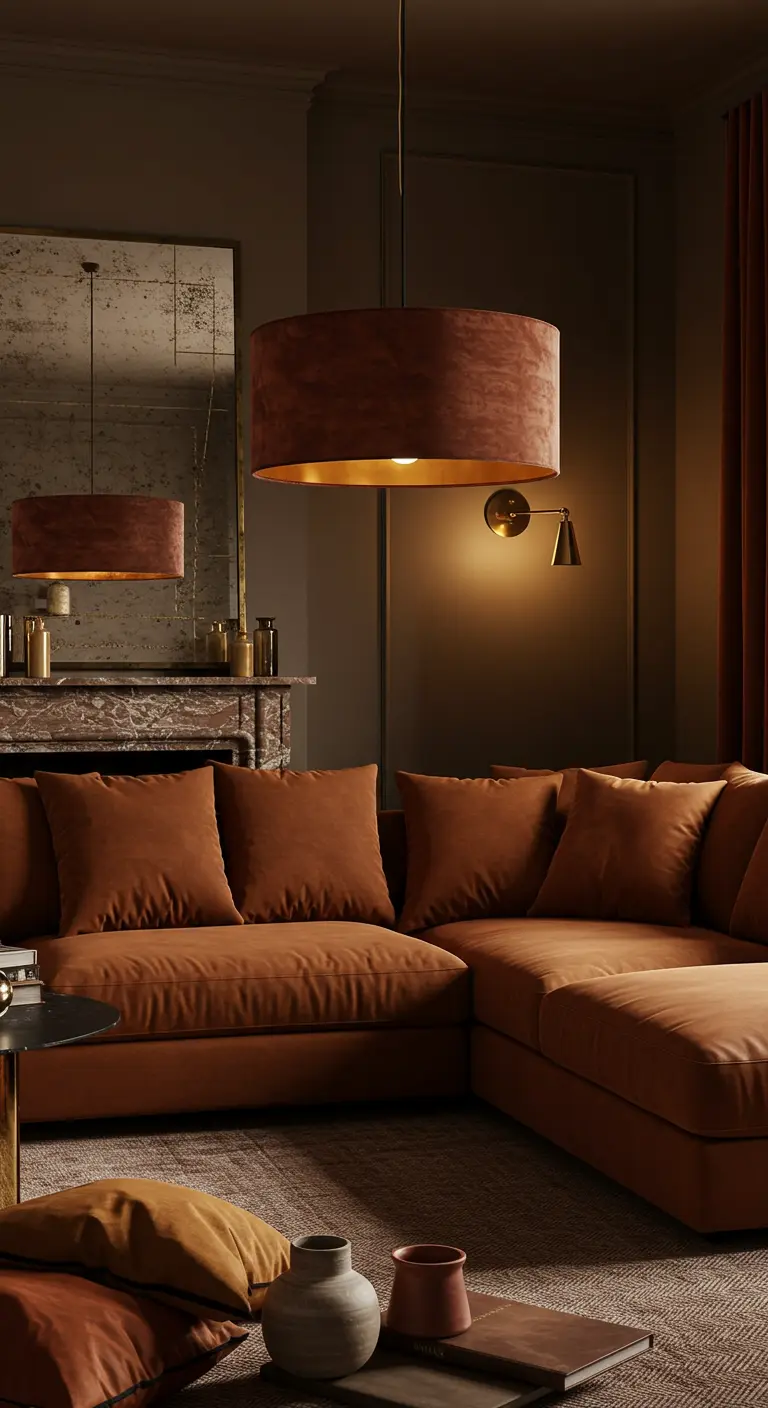 Warme woonkamer met terracotta fluwelen hoekbank, grote fluwelen lamp en messing accenten.