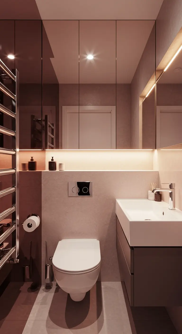 Moderne badkamer met bronskleurige spiegelkasten en geïntegreerde verlichting.